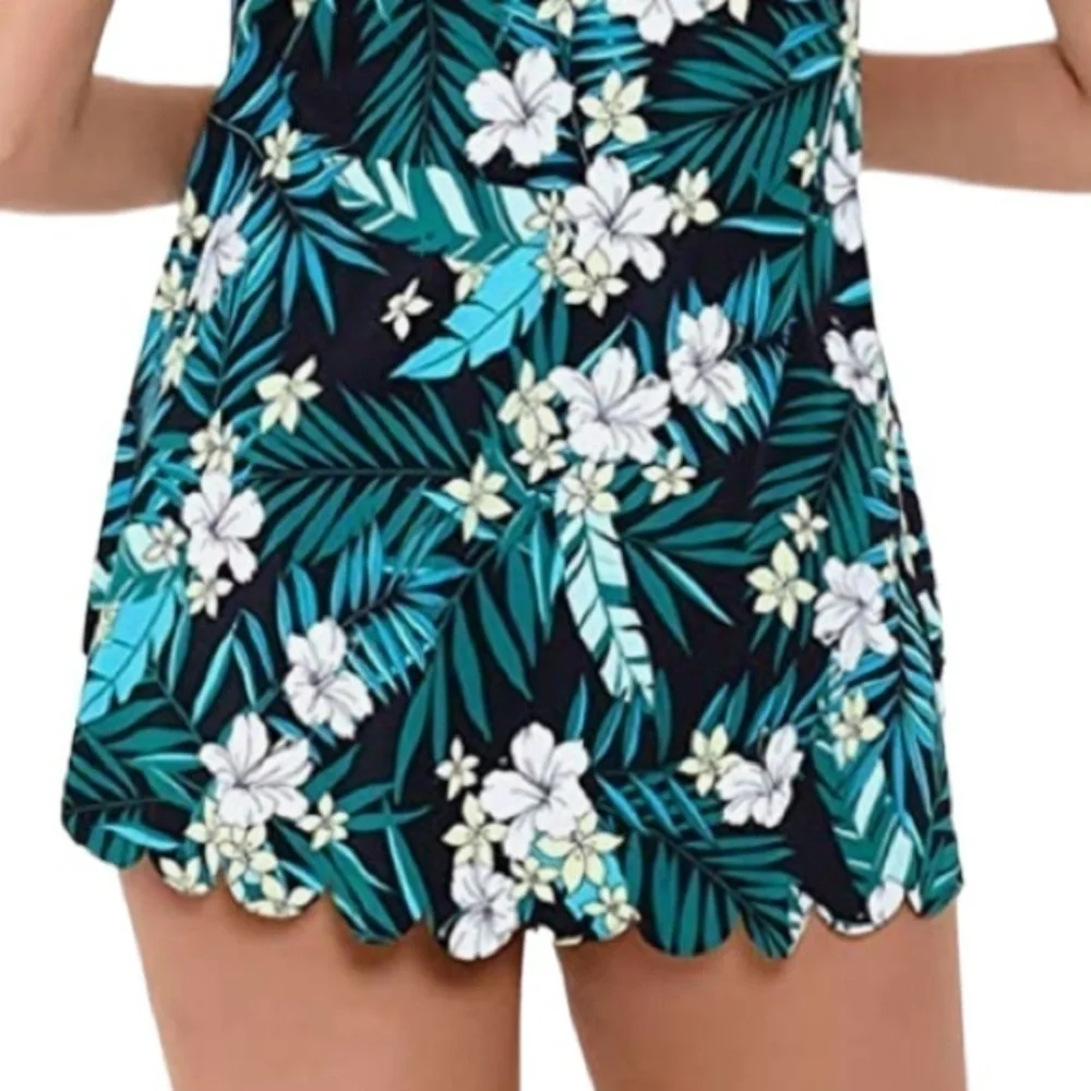 SWIM SOLUTIONS Women's Black Tropical Print High Neck Scalloped Swimdress - Picture 8 of 13